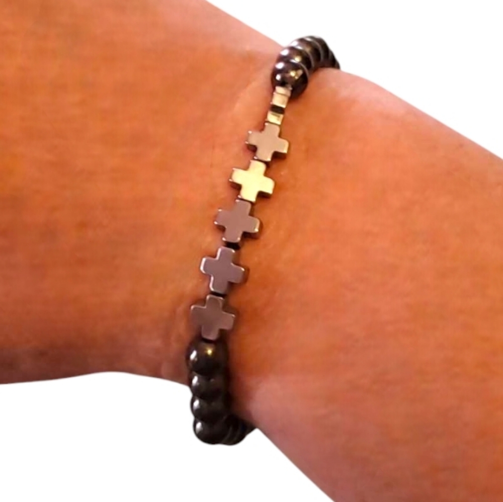 NWT Silver Hematite Beaded Bracelet Cross Natural Black  Stone Health Unisex